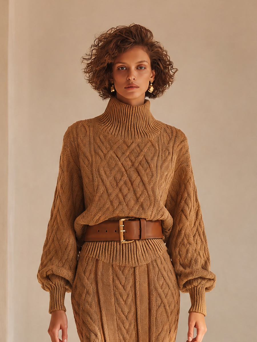 Rosaria — Completo due pezzi in maglia con gonna midi marrone