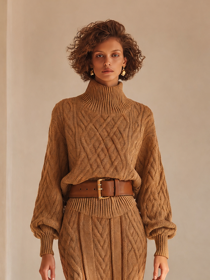 Rosaria — Completo due pezzi in maglia con gonna midi marrone