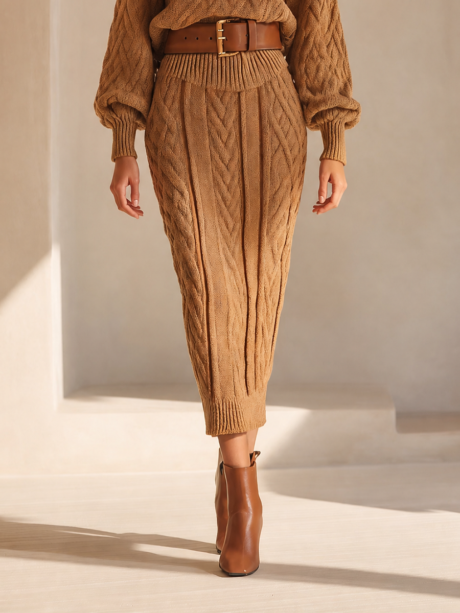 Rosaria — Completo due pezzi in maglia con gonna midi marrone