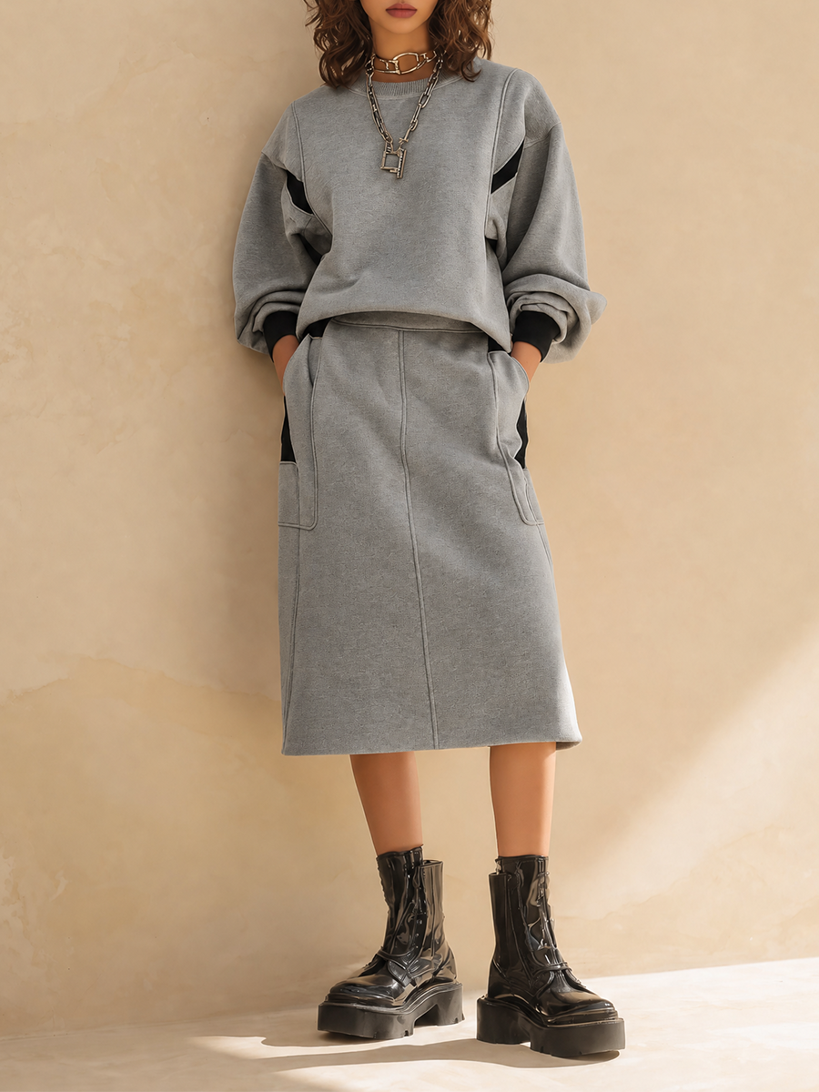 Pia — Completo due pezzi in felpa di cotone con gonna grigio