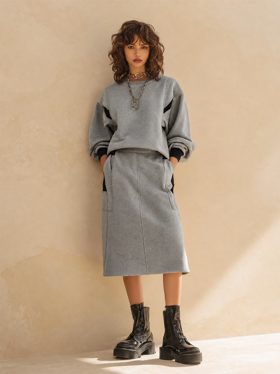 Pia — Completo due pezzi in felpa di cotone con gonna grigio