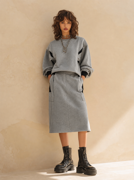 Pia — Completo due pezzi in felpa di cotone con gonna grigio
