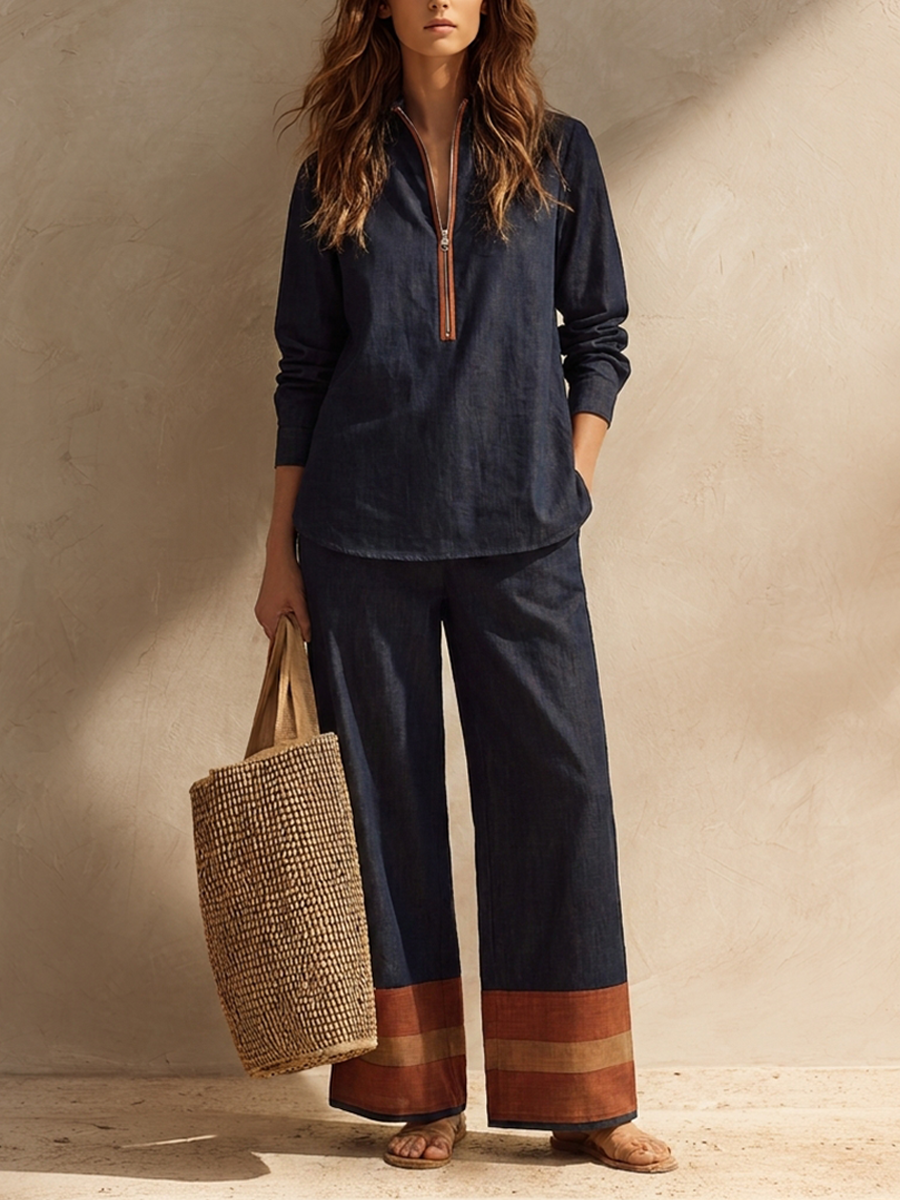 Perla — Completo due pezzi in cotone e lino a righe blu