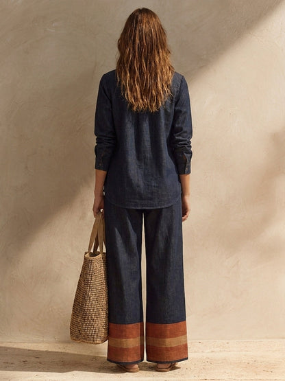 Perla — Completo due pezzi in cotone e lino a righe blu