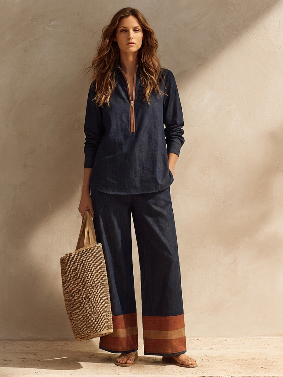Perla — Completo due pezzi in cotone e lino a righe blu