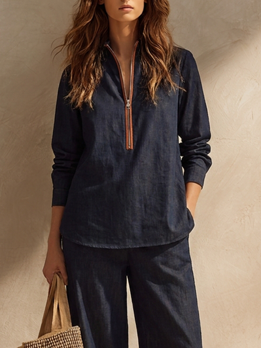 Perla — Completo due pezzi in cotone e lino a righe blu