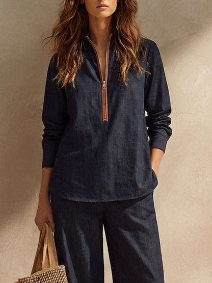 Perla — Completo due pezzi in cotone e lino a righe blu