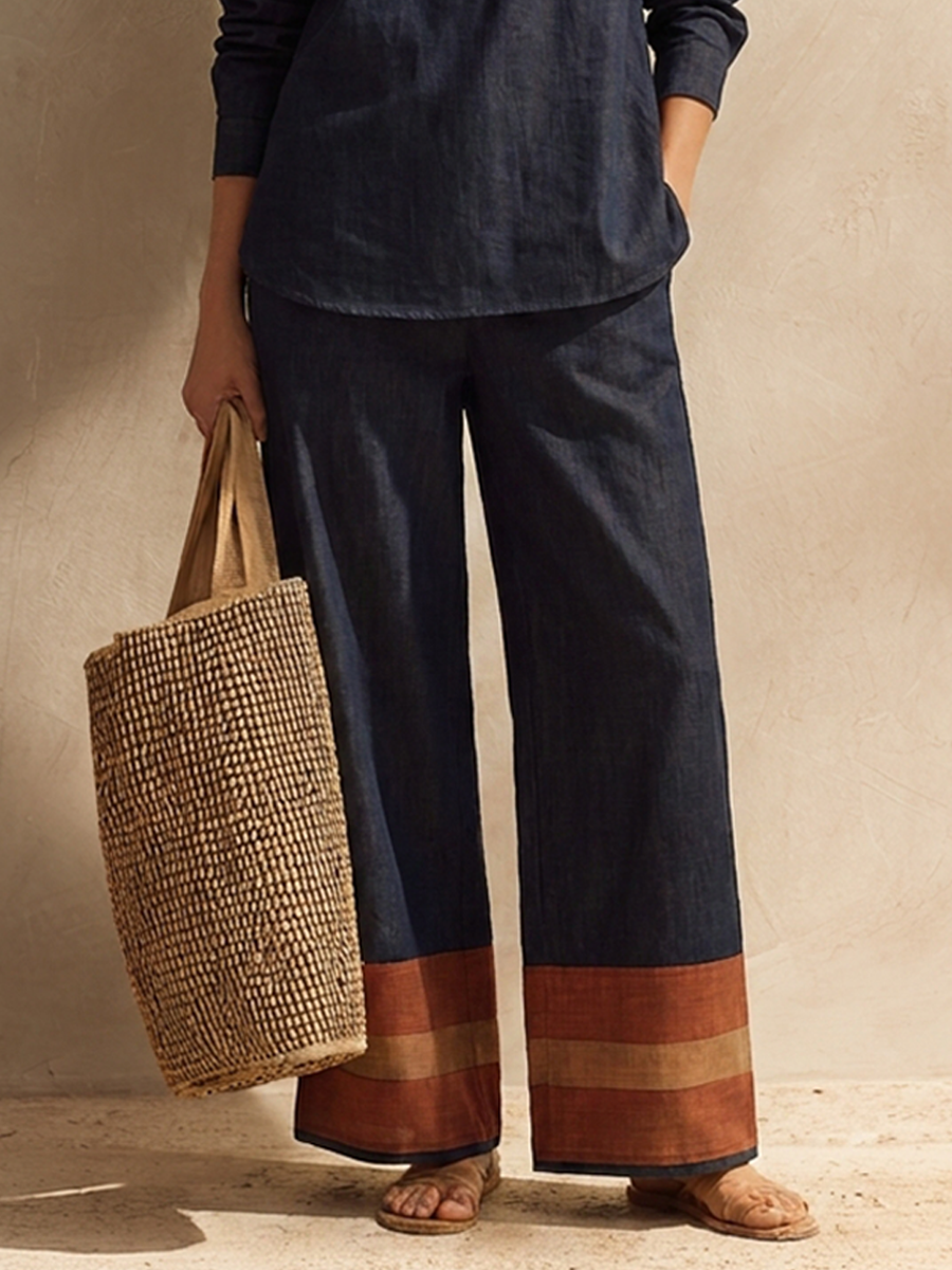 Perla — Completo due pezzi in cotone e lino a righe blu