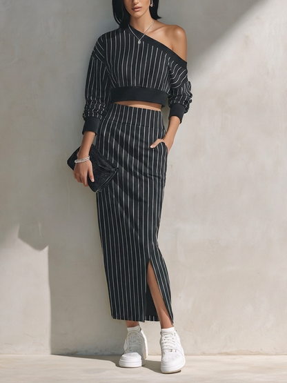 Patrizia — Completo due pezzi in cotone a righe nero