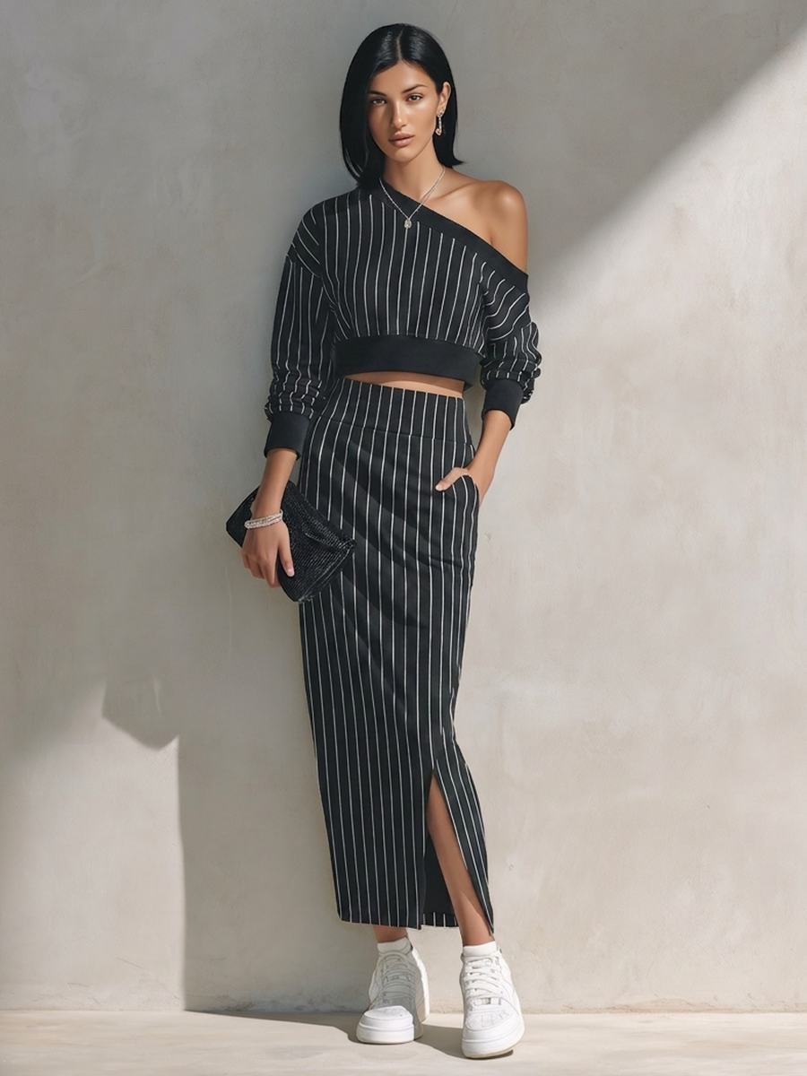 Patrizia — Completo due pezzi in cotone a righe nero