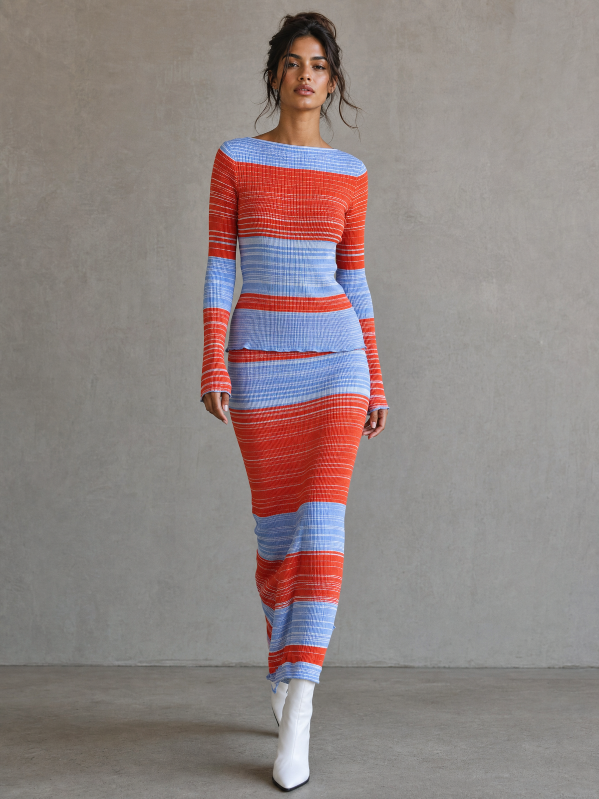 Selene — Completo due pezzi in maglia a righe rosso e blu