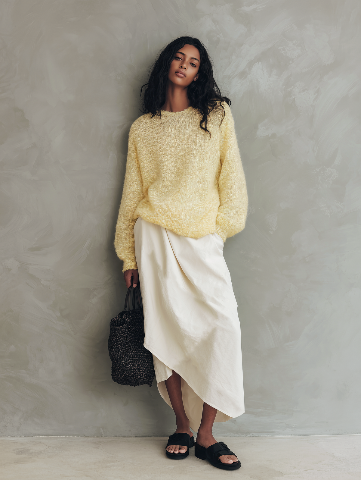 Rita — Completo due pezzi in maglia con gonna giallo e bianco