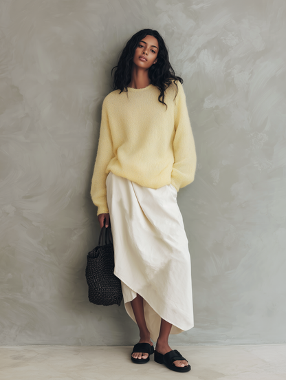 Rita — Completo due pezzi in maglia con gonna giallo e bianco