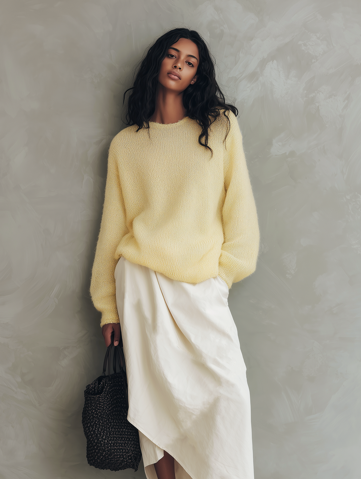 Rita — Completo due pezzi in maglia con gonna giallo e bianco