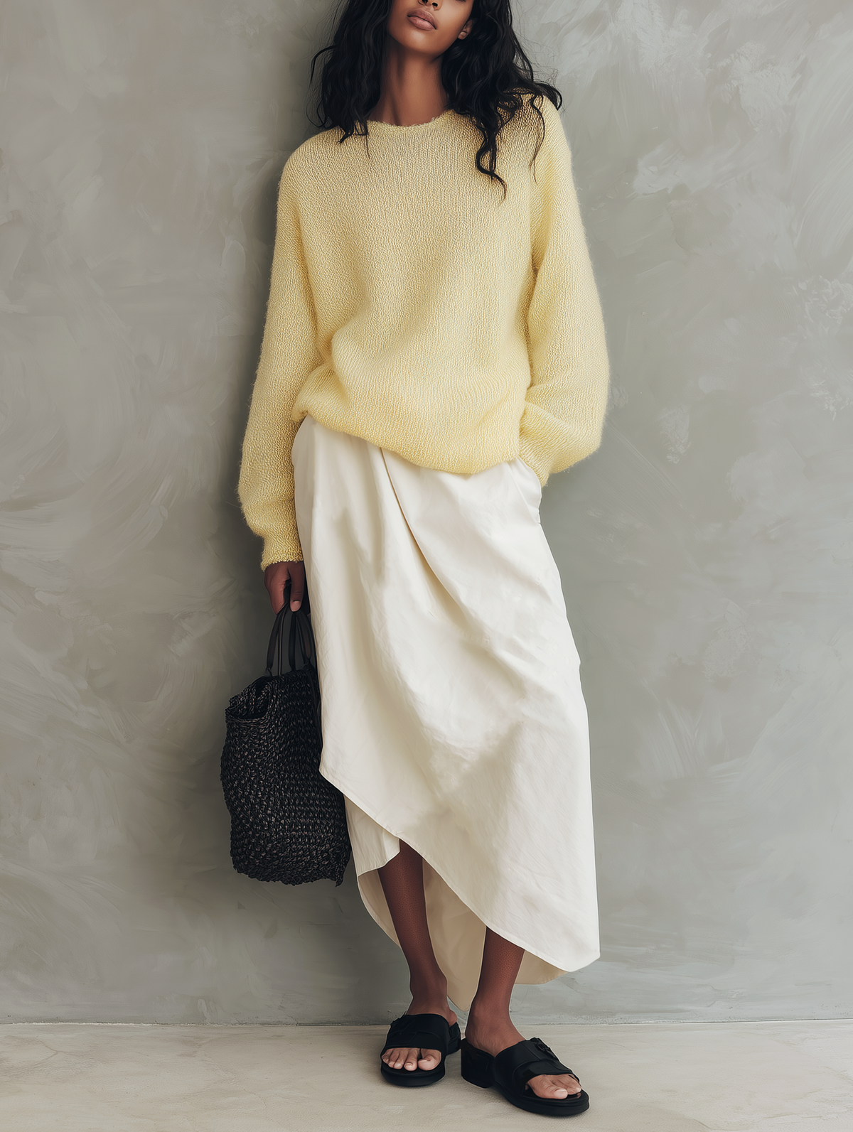 Rita — Completo due pezzi in maglia con gonna giallo e bianco