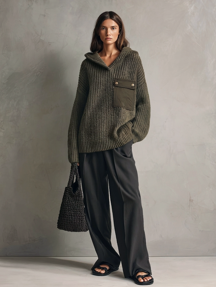 Renata — Completo due pezzi in maglia con pantaloni verde scuro e grigio