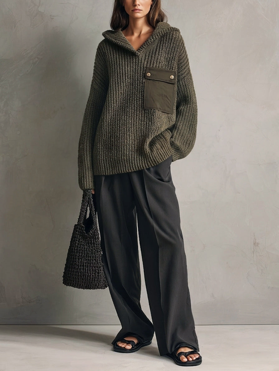 Renata — Completo due pezzi in maglia con pantaloni verde scuro e grigio