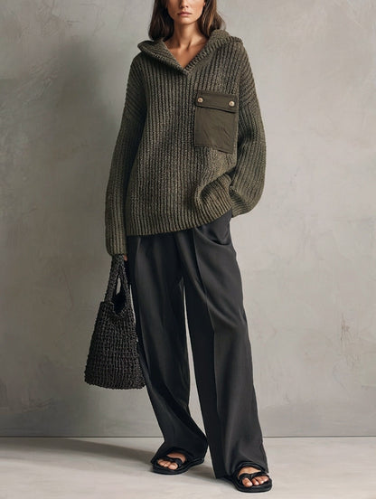 Renata — Completo due pezzi in maglia con pantaloni verde scuro e grigio