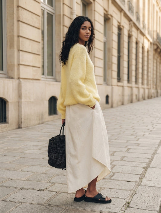 Rita — Completo due pezzi in maglia con gonna giallo e bianco