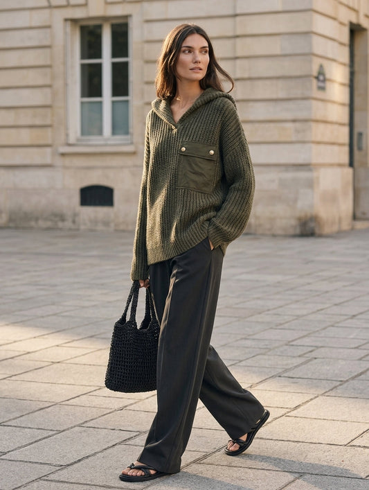 Renata — Completo due pezzi in maglia con pantaloni verde scuro e grigio