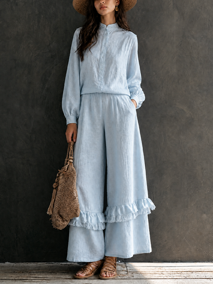 Rosalba — Completo due pezzi in cotone e lino blu