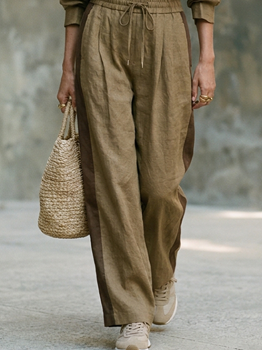 Silvia — Completo due pezzi in cotone e lino a righe verde oliva