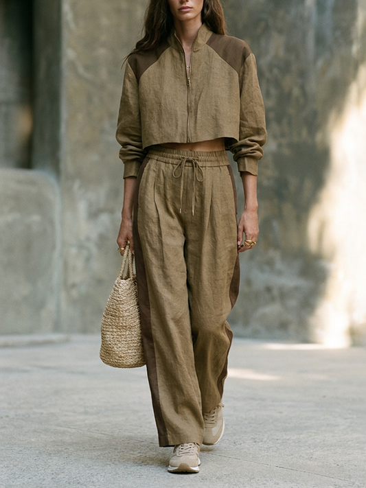 Silvia — Completo due pezzi in cotone e lino a righe verde oliva