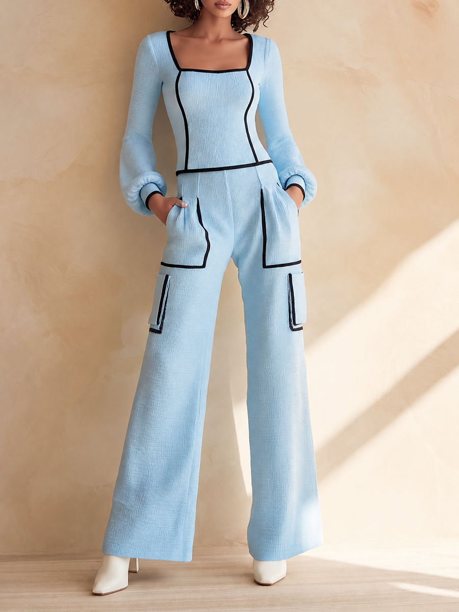 Rossana — Completo due pezzi in cotone plissettato blu