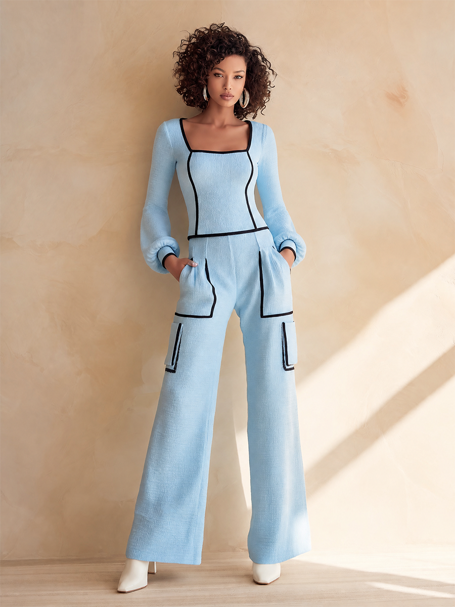 Rossana — Completo due pezzi in cotone plissettato blu