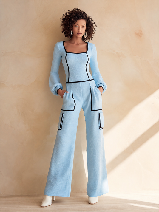 Rossana — Completo due pezzi in cotone plissettato blu