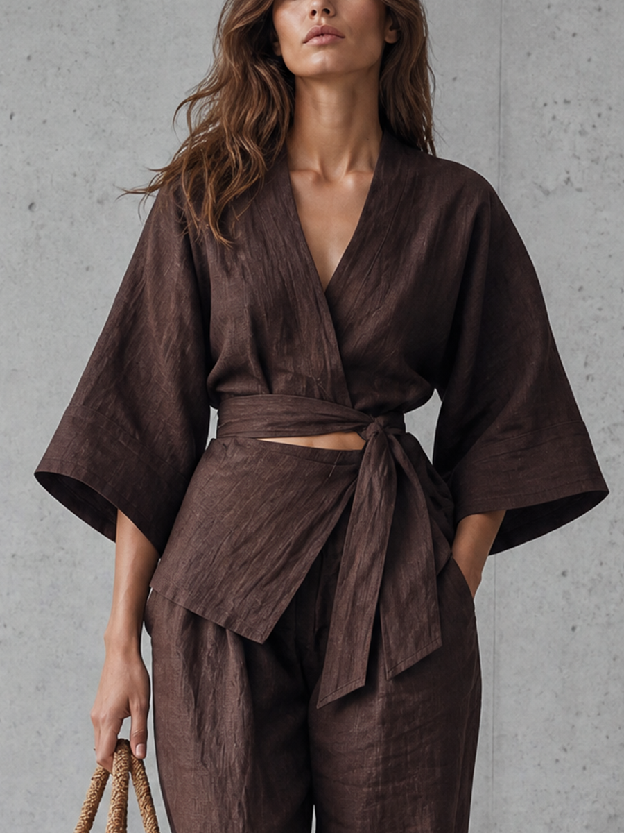 Sabina — Completo due pezzi in lino con pantaloni a gamba larga marrone