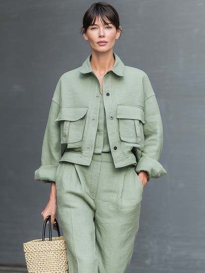 Sara — Completo due pezzi in lino con pantaloni dritti