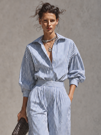 Serena — Completo due pezzi in cotone a righe blu
