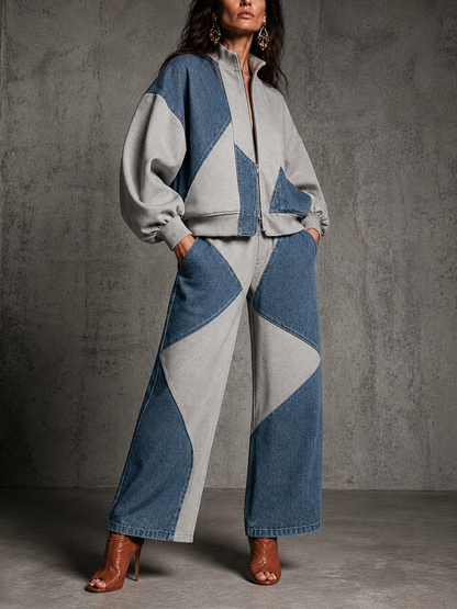 Simona — Completo due pezzi in cotone con pantaloni a gamba larga blu e grigio