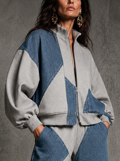 Simona — Completo due pezzi in cotone con pantaloni a gamba larga blu e grigio