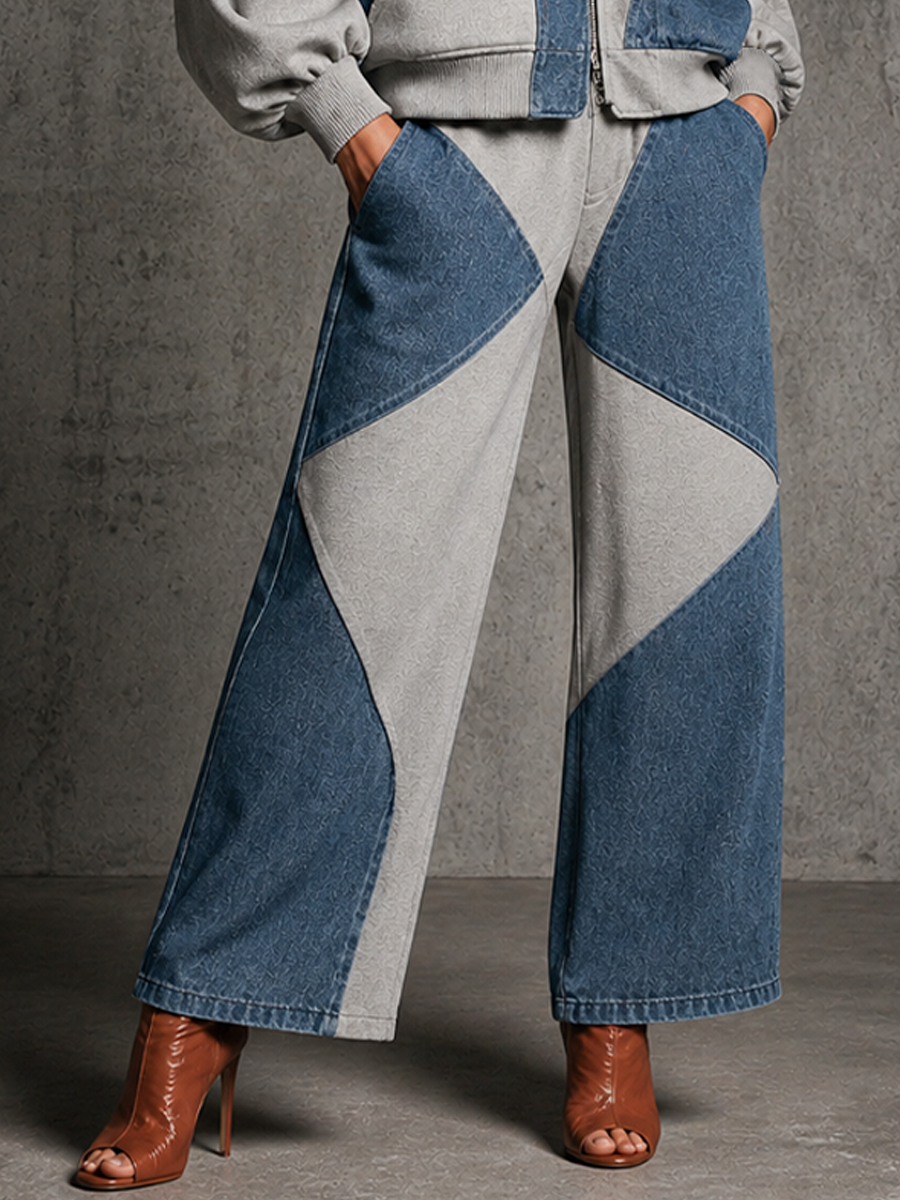 Simona — Completo due pezzi in cotone con pantaloni a gamba larga blu e grigio