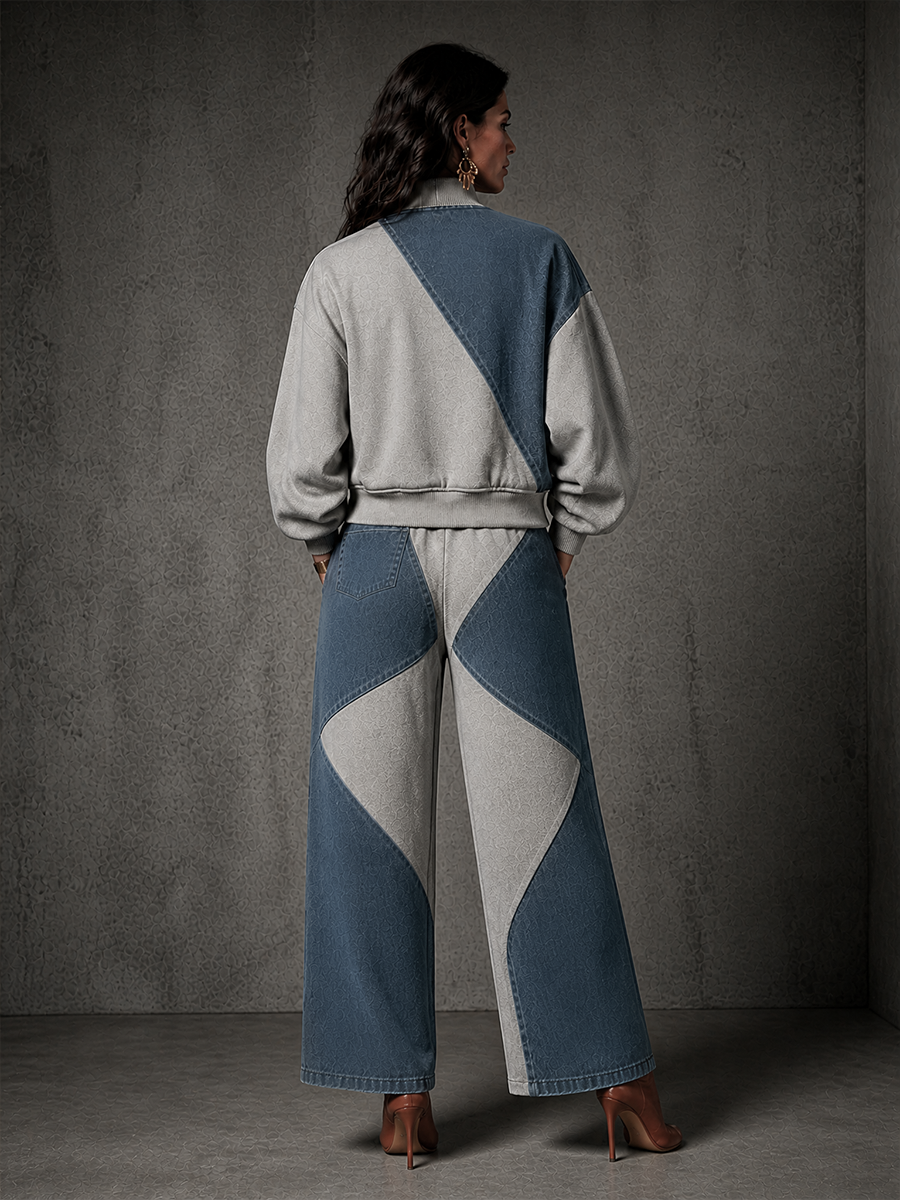 Simona — Completo due pezzi in cotone con pantaloni a gamba larga blu e grigio