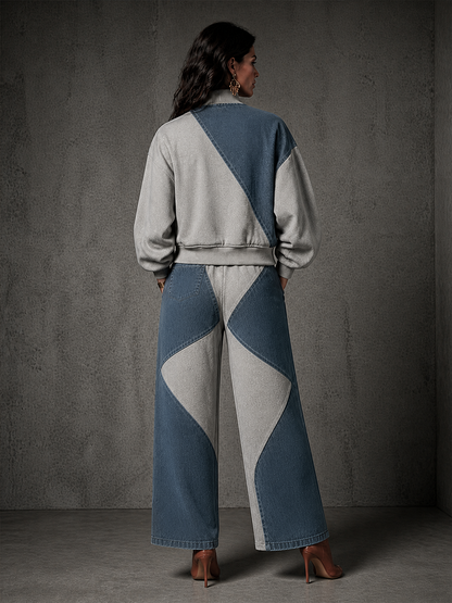 Simona — Completo due pezzi in cotone con pantaloni a gamba larga blu e grigio