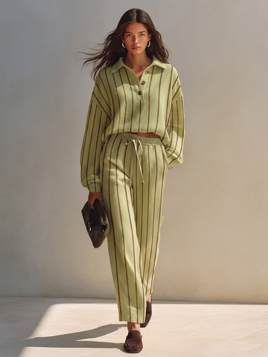 Tamara — Completo due pezzi in cotone e lino a righe verde