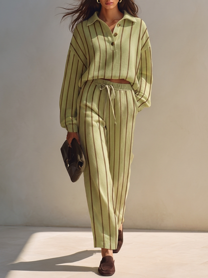 Tamara — Completo due pezzi in cotone e lino a righe verde