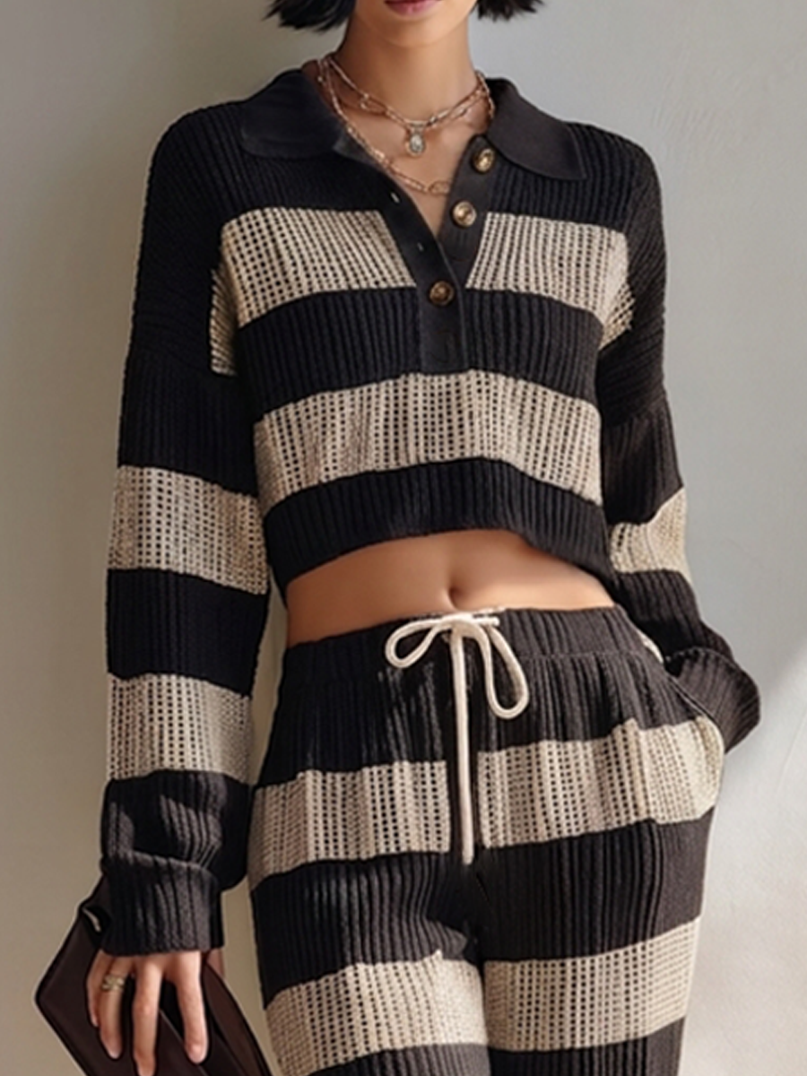 Stefania — Completo due pezzi in maglia a righe marrone