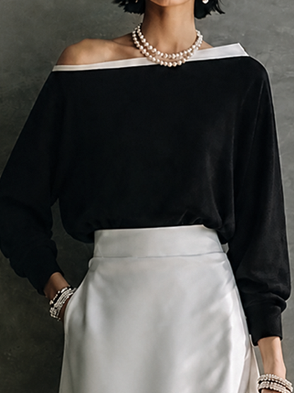 Tiziana — Completo due pezzi in raso con gonna midi nero e bianco