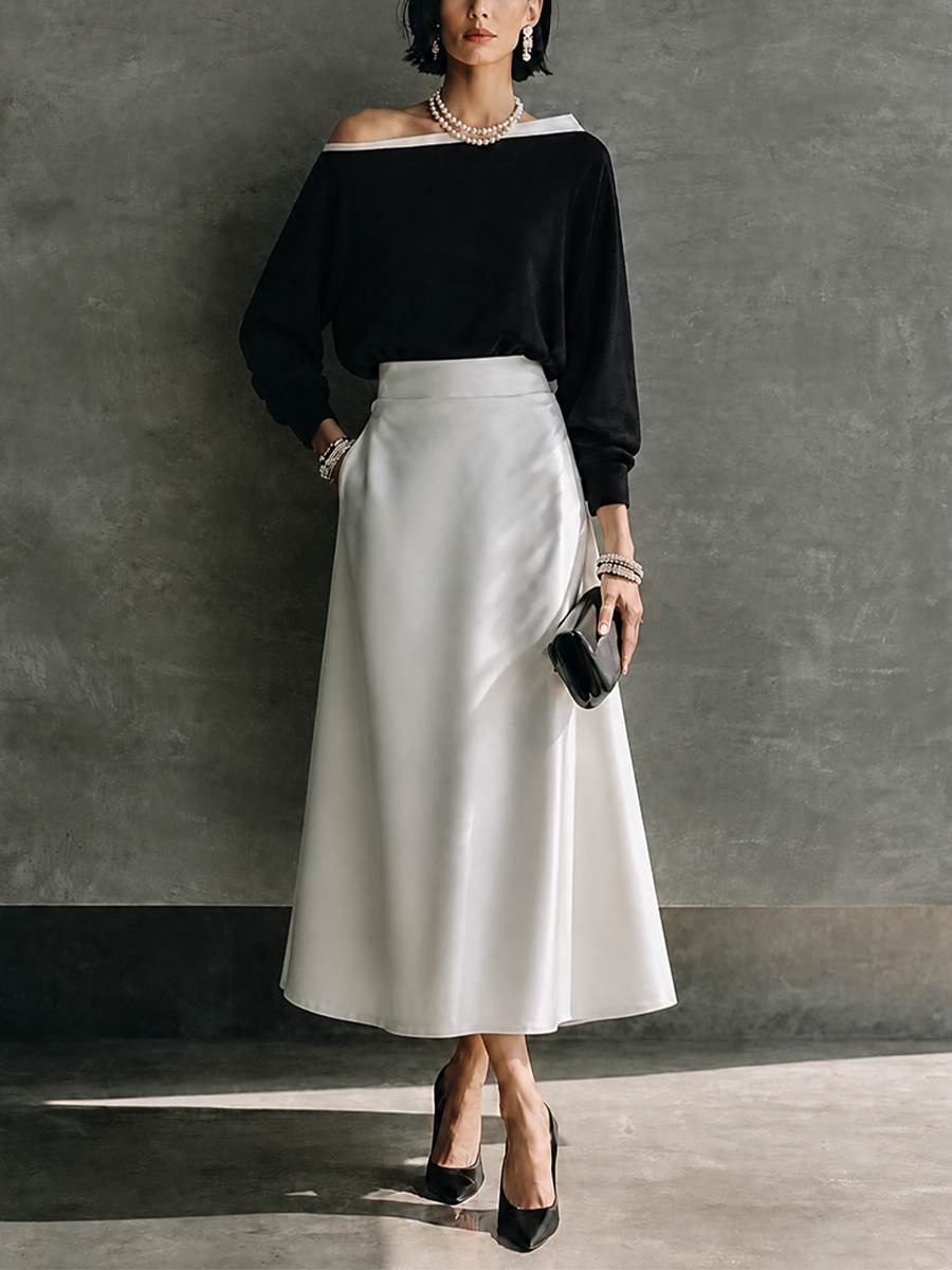 Tiziana — Completo due pezzi in raso con gonna midi nero e bianco
