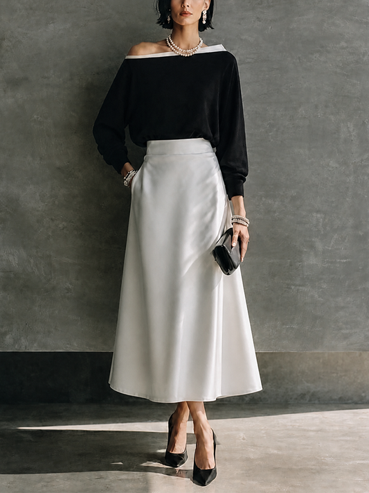 Tiziana — Completo due pezzi in raso con gonna midi nero e bianco