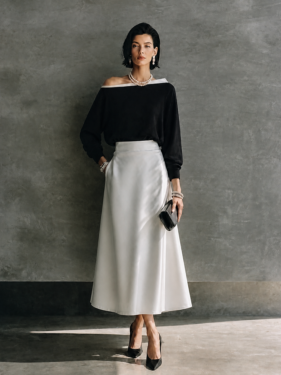 Tiziana — Completo due pezzi in raso con gonna midi nero e bianco