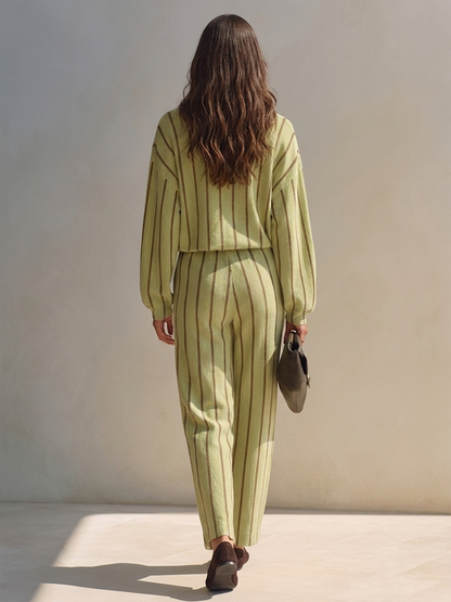 Tamara — Completo due pezzi in cotone e lino a righe verde