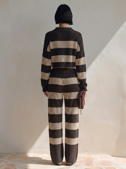 Stefania — Completo due pezzi in maglia a righe marrone