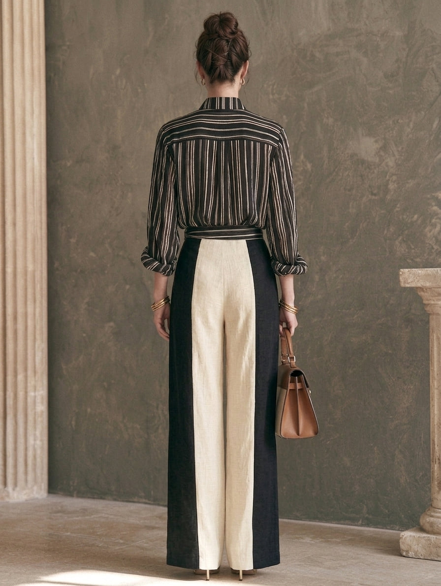 Cristiana — Completo due pezzi in cotone e lino a righe nero e bianco