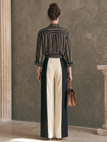Cristiana — Completo due pezzi in cotone e lino a righe nero e bianco