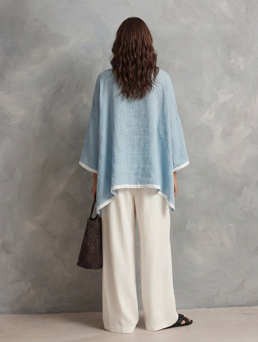 Azzurra — Completo due pezzi in cotone e lino ricamato blu e bianco